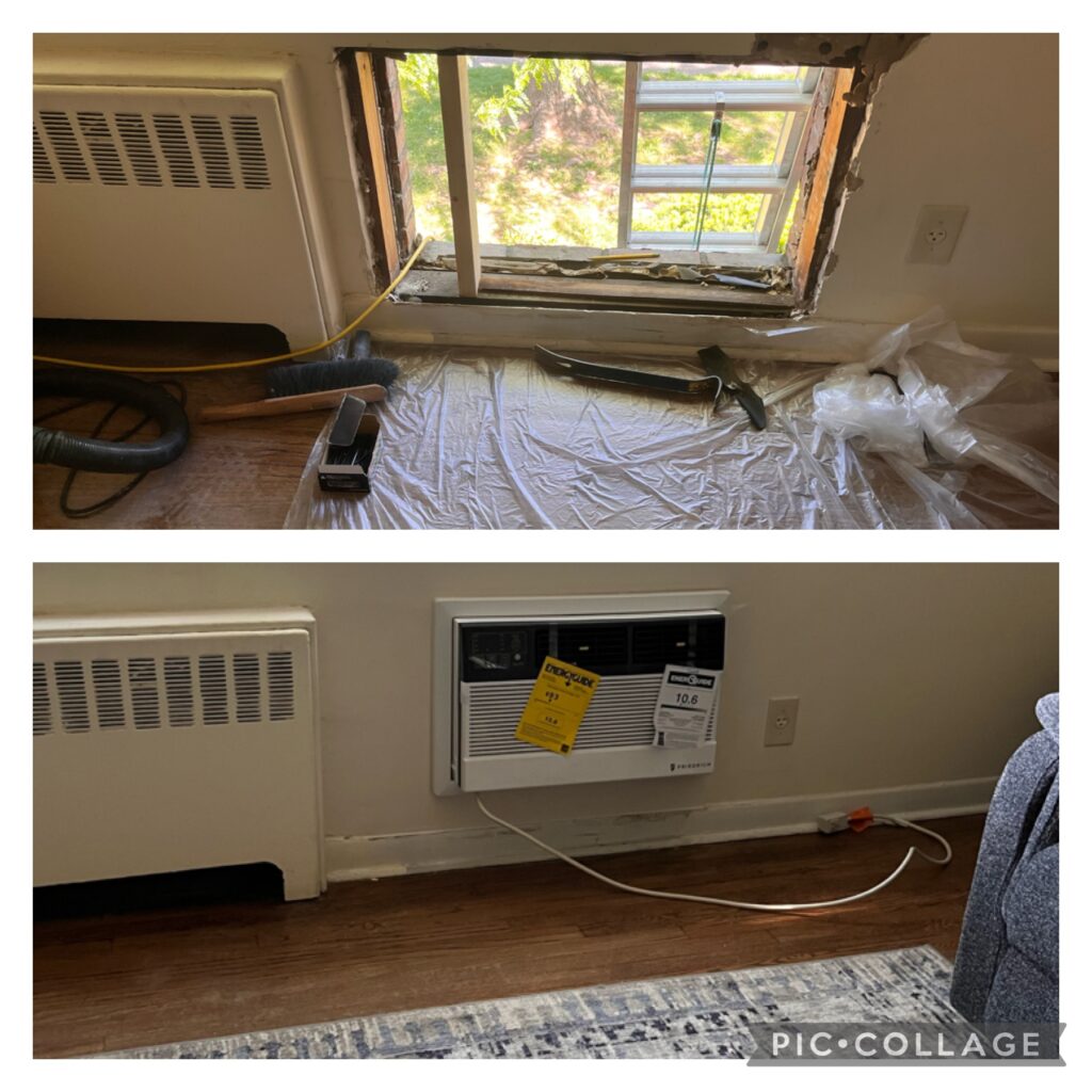 Before-and-after of window removal and wall AC unit installation.